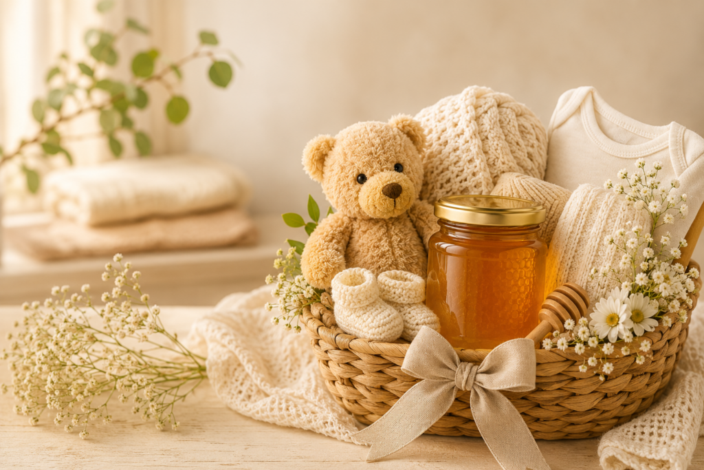 Tru-CocoB raw honey gift basket with baby essentials, teddy bear, and soft floral decor in warm natural setting
