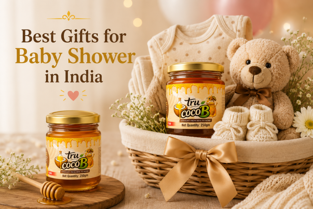Tru-CocoB raw honey jar with baby shower gift basket, teddy bear, knitted baby shoes, and floral decor