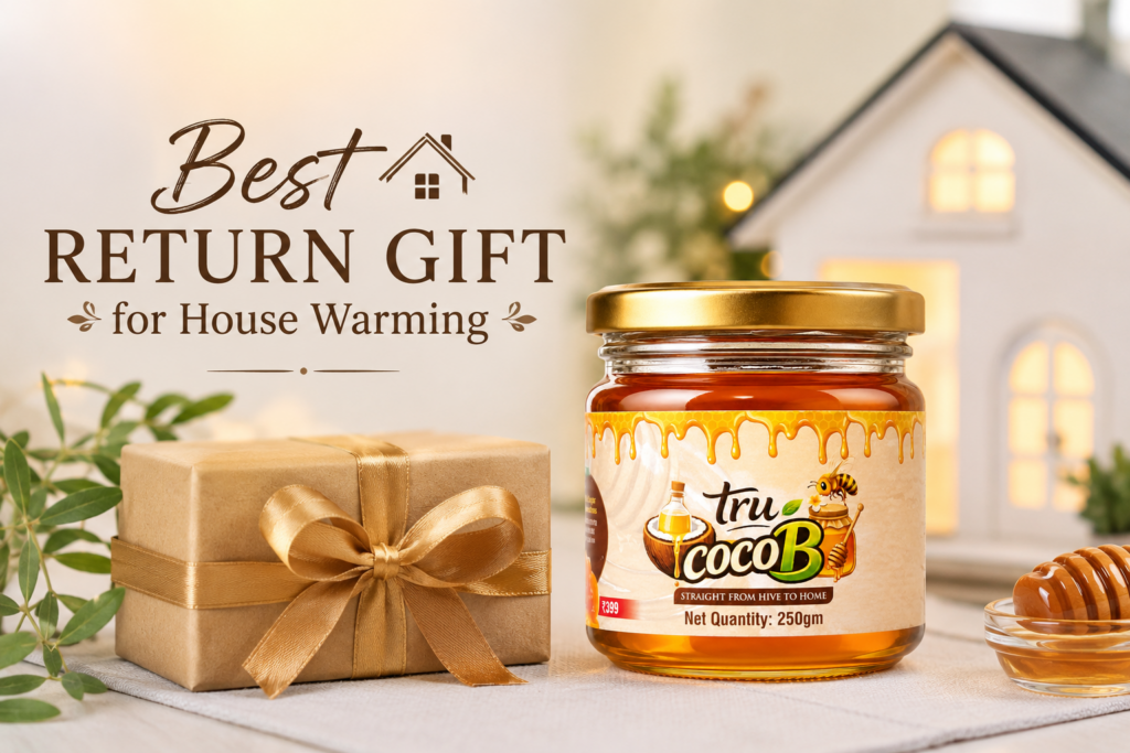 **Alt Text:** Tru-CocoB raw honey jar with a gift box, styled as a thoughtful housewarming return gift in a warm home setting.