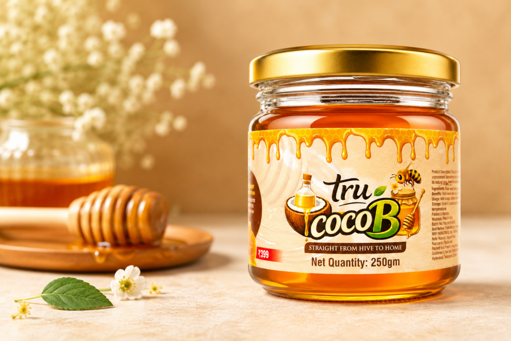 Premium Tru-CocoB honey gift hamper featuring a 250gm honey jar