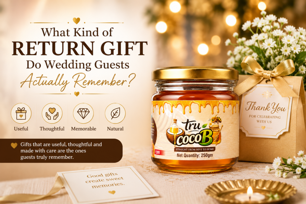 Tru-CocoB raw honey jar presented as a thoughtful wedding return gift, alongside an elegant gift box and floral décor in a warm, festive celebration setting.
