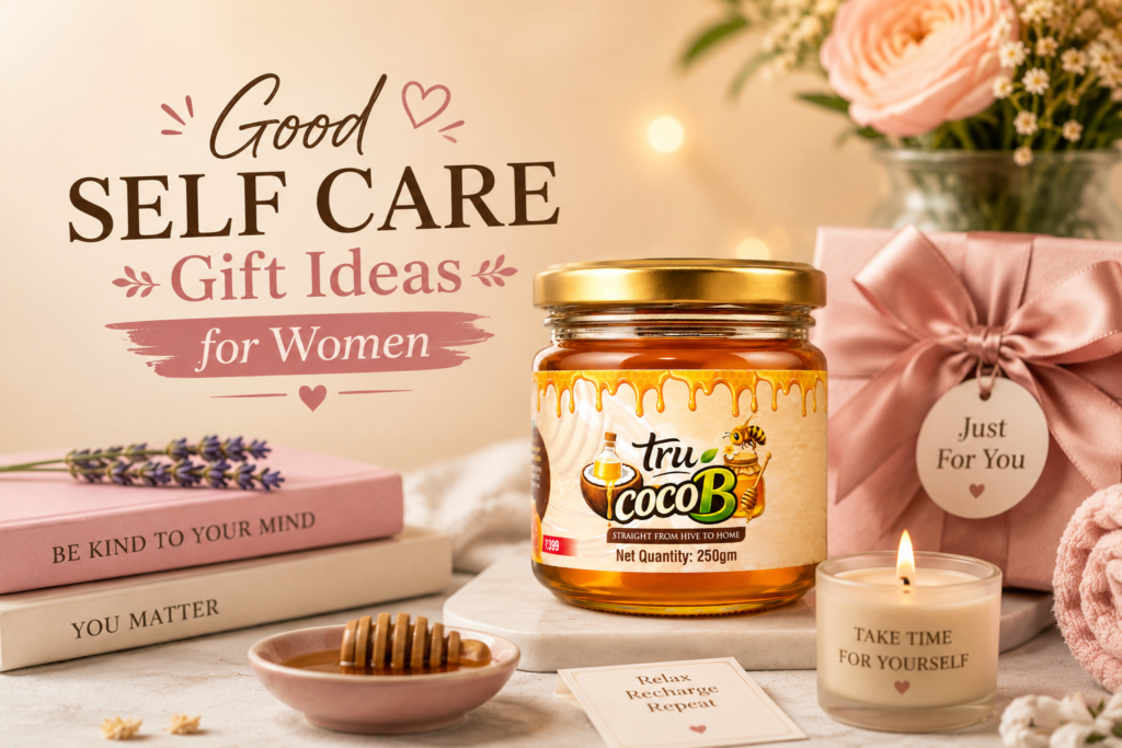 Tru-CocoB raw honey jar featured in a cozy self-care gift setup with candles, flowers, books, and a wrapped gift box, highlighting thoughtful wellness gifts for women.