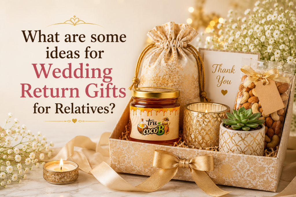 Elegant wedding return gift hamper featuring a Tru-CocoB raw honey jar, scented candle, potted succulent, and dry fruits, styled in a luxurious gift box for relatives.