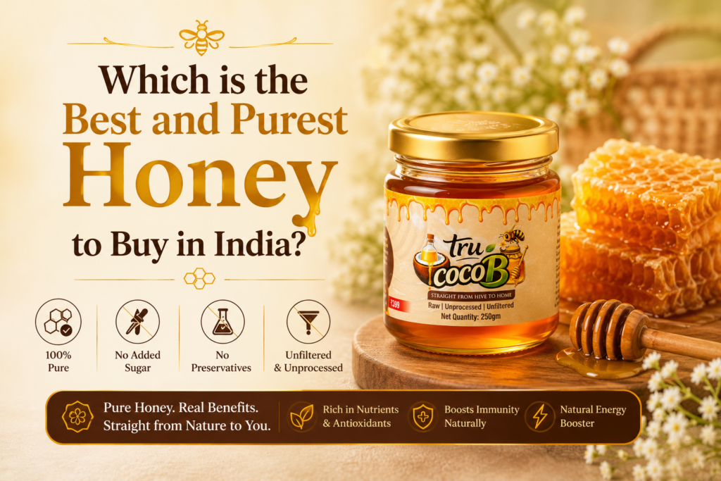 Tru-CocoB raw honey jar displayed with fresh honeycomb and a wooden honey dipper, highlighting pure, unprocessed honey in a warm natural setting.